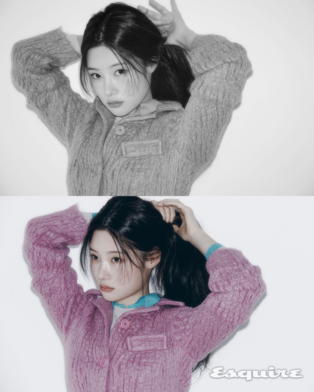 재킷, 니트 톱, 이너 톱 모두 미우미우.