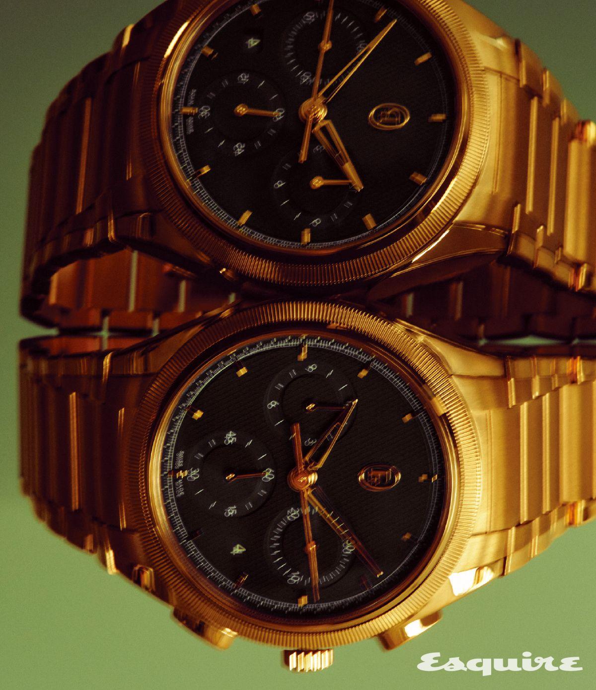 유려하게 마감한 42mm 핑크 골드 케이스와 브레이슬릿, 정교한 패턴을 새긴 딥 블루 다이얼의 조합이 매력적이다. 톤다 PF 크로노그래프 로즈 골드 밀라노 블루 워치 1억410만원 파르미지아니 플러리에 by 컬렉터스하우스.