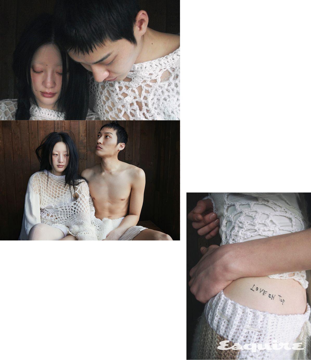콘조인드 보디 크로셰 스웨터, 크로셰 스커트 가격 미정 콕스 피핀. 화이트 코튼 쇼츠 가격 미정 릭 오웬스.