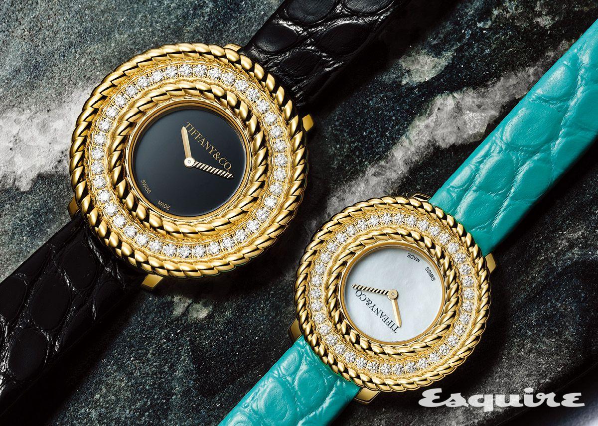 33mm 옐로 골드 케이스에 39개 다이아몬드를 세팅한 티파니 로프 워치, 27mm 옐로 골드 케이스에 MOP 다이얼과 티파니 블루 앨리게이터 스트랩을 매치한 티파니 로프 워치 모두 가격 미정 티파니.