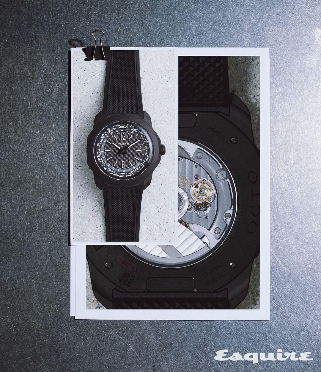 세계의 여러 시간대를 한눈에 볼 수 있는 시계. 블랙 DLC 처리한 샌드블라스트 마감의 스테인리스스틸 케이스가 돋보이는 옥토 로마 월드타이머 워치 1550만원 불가리.