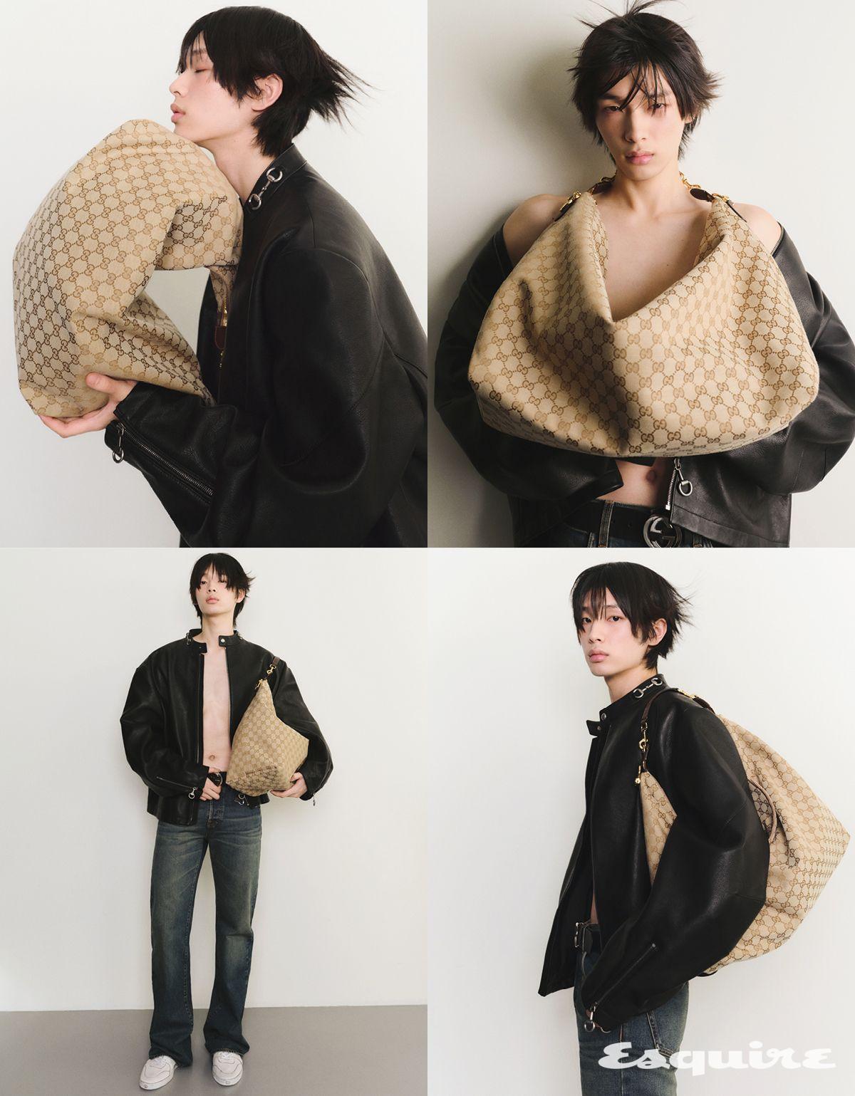 호스빗 레더 재킷, 데님 팬츠, 스트레치 하이톱 스니커즈, GG 캔버스 호보백, 인터로킹 G 버클 벨트 모두 가격 미정 구찌.