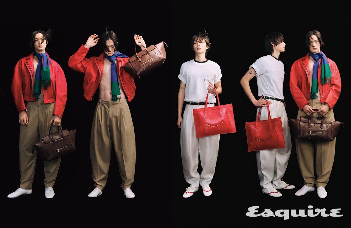 레더 재킷, 코튼 팬츠, 발레 레이스업 슈즈, 뉴 러기지 백, 캐시미어 투톤 프린지 머플러 모두 가격 미정 셀린느. 더블 레이어 티셔츠, 블랙 티셔츠, 팬츠, 블레이크 로 레이스업 스니커즈, 플랫 카바스 뉴 러기지 백, 비비엔느 벨트, 트리옹프 다이스 에나멜 링, 헤리티지 청키 브레이슬릿 모두 가격 미정 셀린느.