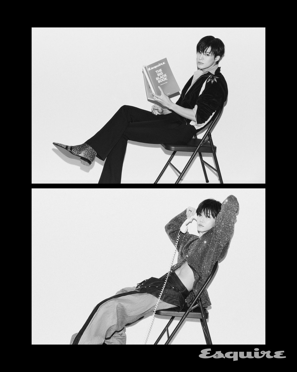 (위) 네크리스, 돌체앤가바나. 셔츠, 자켓, 팬츠, 신발 모두 발렌티노. (아래)팬츠 준지, 슈즈 드리스 반 노튼, 카디건 스타일리스트 소장품. 오른손 약지에 낀 반지 비부스(VIVUS), 검지에 낀 반지 로우하이드(RawHyde) 왼손 검지와 약지에 낀 반지 스반달. 중지에 낀 반지 비부스. 