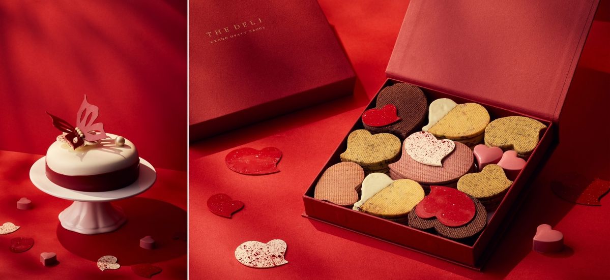 ‘사랑의 나비 케이크’는 나비 효과에서 영감을 받았으며 ‘투 마이 러브’ 초콜릿 쿠키 박스는 다양한 맛으로 구성했다. / 출처: 그랜드 하얏트 서우 제공