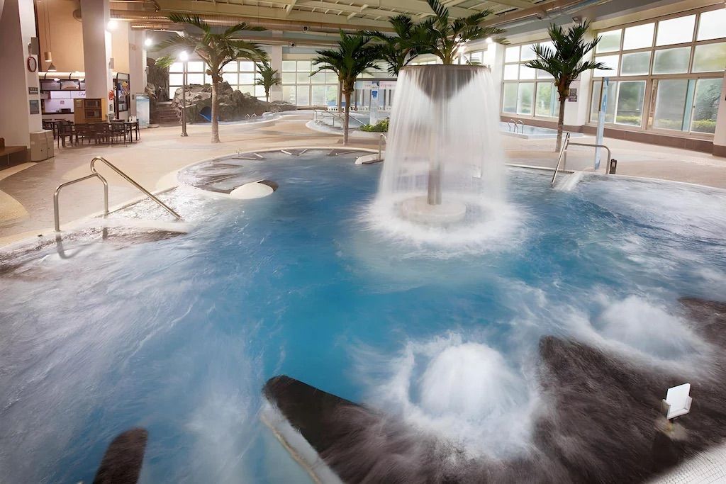 온천 실내에 야자수 인테리어를 통해 이색적인 온천욕을 즐길 수 있는 덕구온천