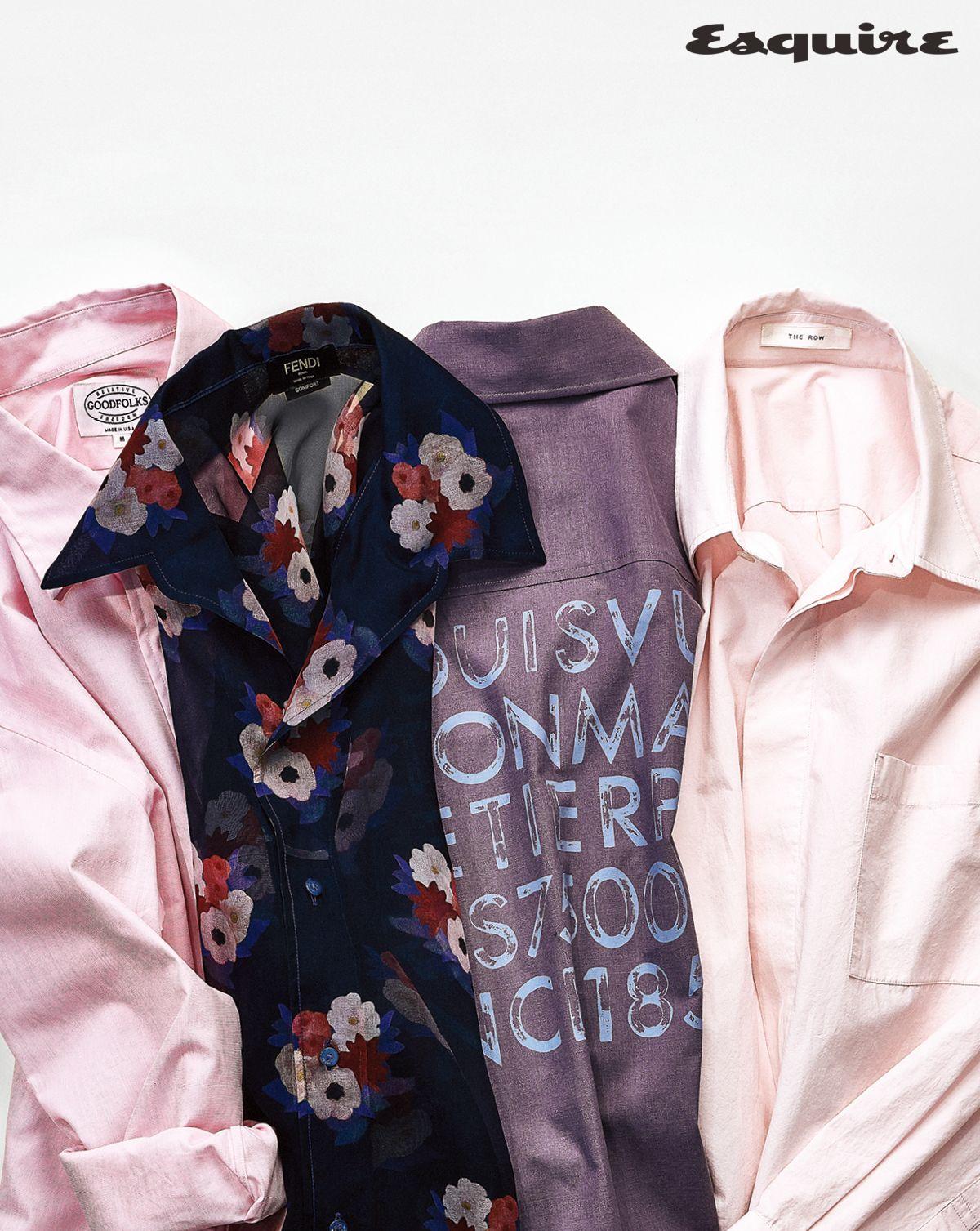 엔드온엔드 브로드클로스 포인트 칼라 셔츠 19만8000원 굿포크 by 바버샵. 플라워 프린팅 실크 시스루 셔츠 가격 미정 펜디. 부드러운 라일락 컬러의 프린티드 쇼트 슬리브 셔츠 가격 미정 루이 비통. 페일 핑크 펜 코튼 셔츠 가격 미정 더 로우.