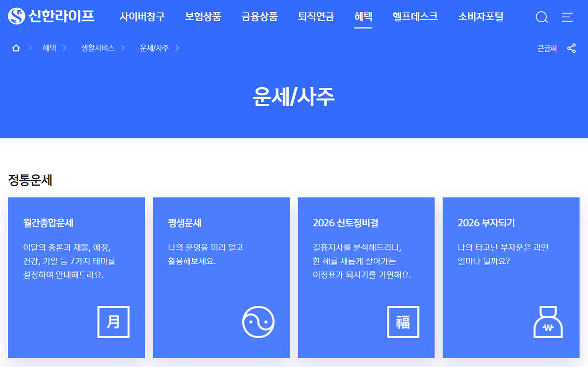 금융사에서 운영하는 사주 서비스로, 재물운과 자산 흐름을 점검해보는 용도로 사용하기 좋다. / 출처: 신한라이프