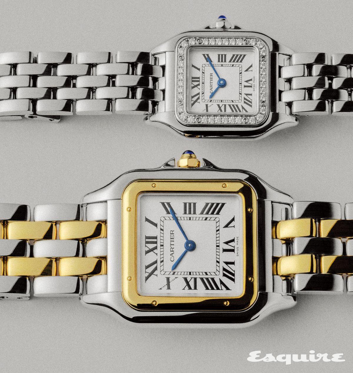 스틸 케이스에 브릴리언트 컷 다이아몬드를 세팅한 팬더 드 까르띠에 스몰, 옐로 골드 및 스틸 케이스로 완성한 팬더 드 까르띠에 라지.