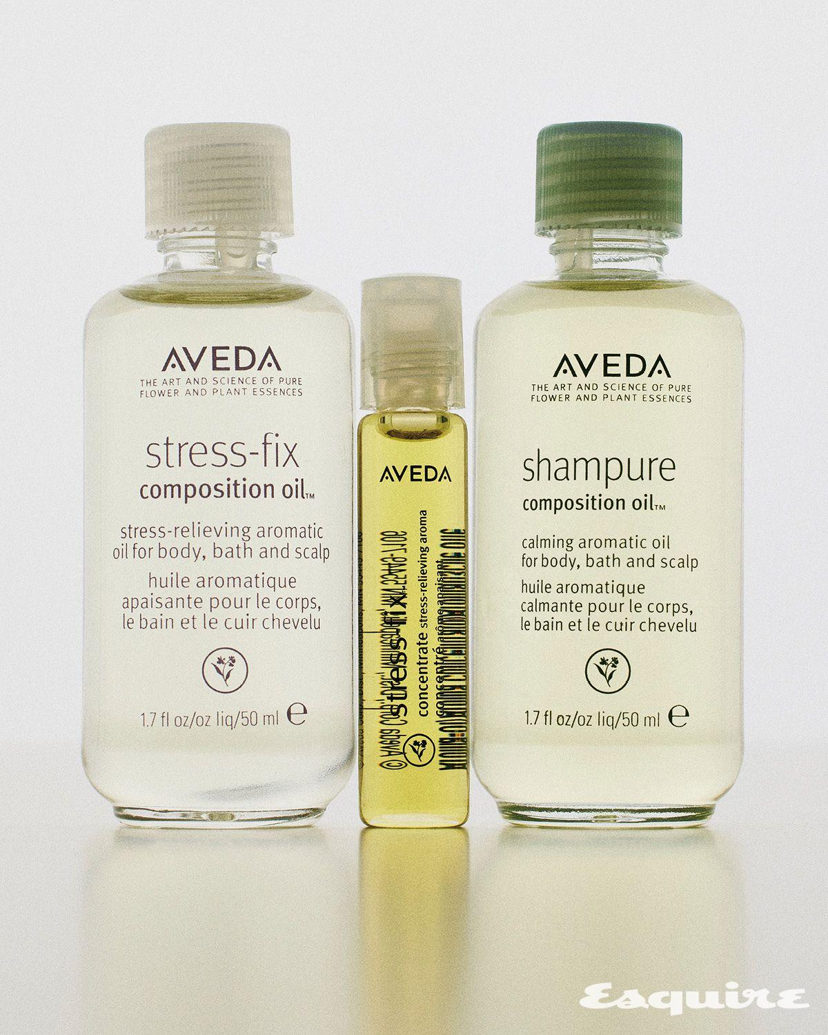 보디 로션과 블렌딩해 사용하면 피부를 촉촉하게 유지하고 아로마 향이 심신을 안정시키는 스트레스-픽스™ 컴포지션 오일 50mL/5만4000원, 휴대용 타입으로 언제 어디서나 스트레스 완화를 돕는 스트레스-픽스™ 컨센트레이트 7mL/4만2000원, 라벤더와 페티그레인, 일랑일랑꽃에서 추출한 아로마가 감각을 진정시키는 샴퓨어™ 컴포지션 오일 50mL/5만4000원 모두 아베다.