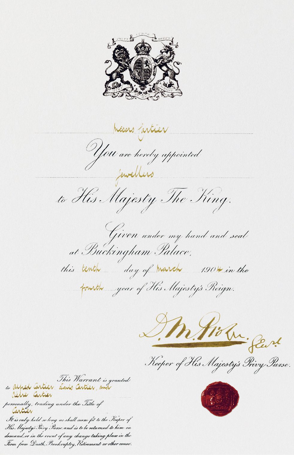 에드워드 7세가 1904년 3월 10일 까르띠에에 수여한 왕실 납품 허가증. Cartier Archives Londres © Cartier