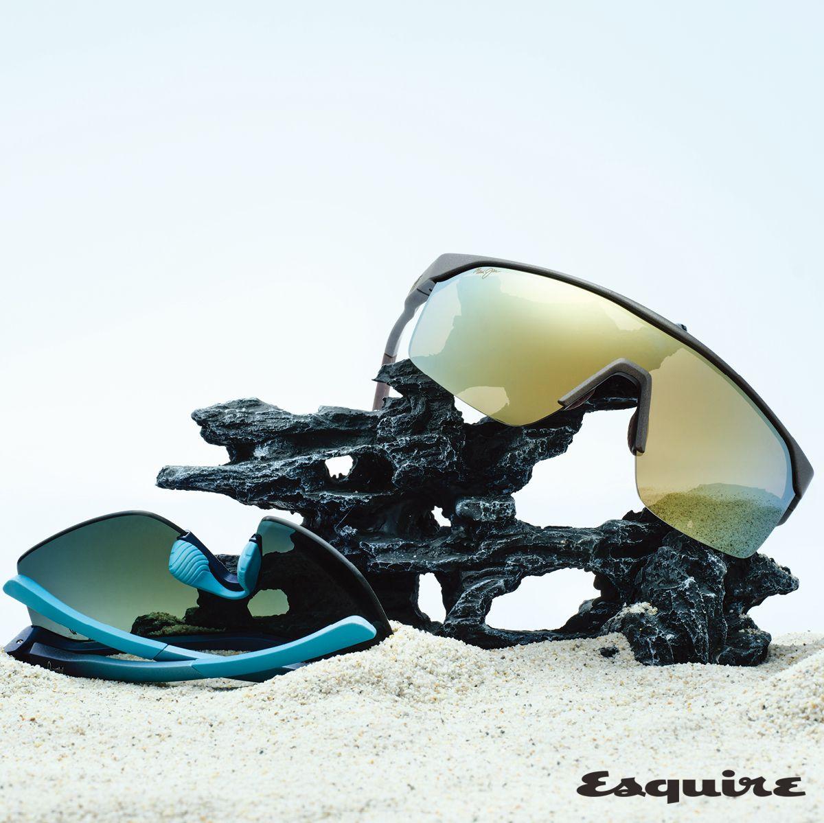 (왼쪽부터) 독자적으로 개발한 렌즈 기술을 적용해 시야가 선명한 블루 컬러 팔루나 선글라스, 브라운 컬러 팔루나 선글라스 모두 40만원 마우이 짐 by 케어링 아이웨어.