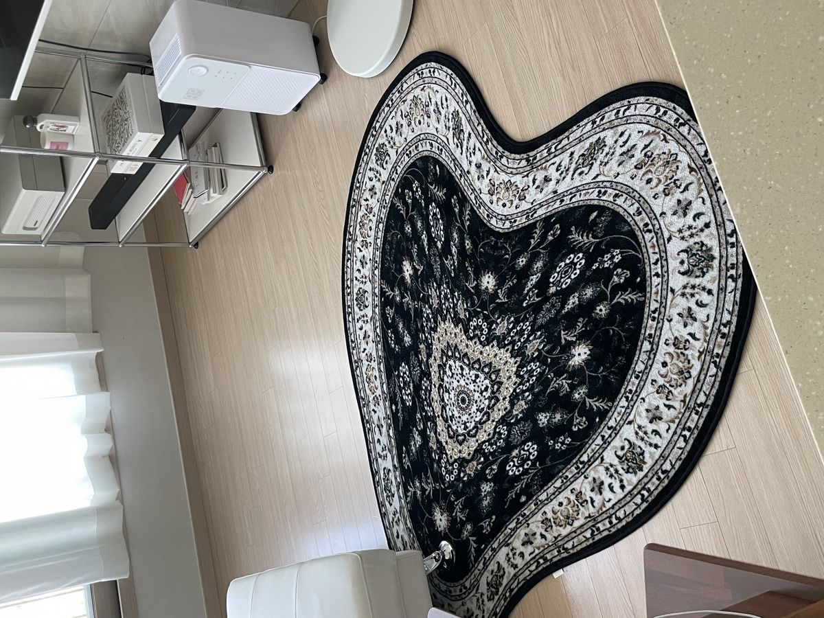 화이트 가구로 통일된 거실 전경. 한복판에 블랙 앤 화이트 패턴의 하트 러그가 놓여 있다. / 이미지 출처: 필자 촬영