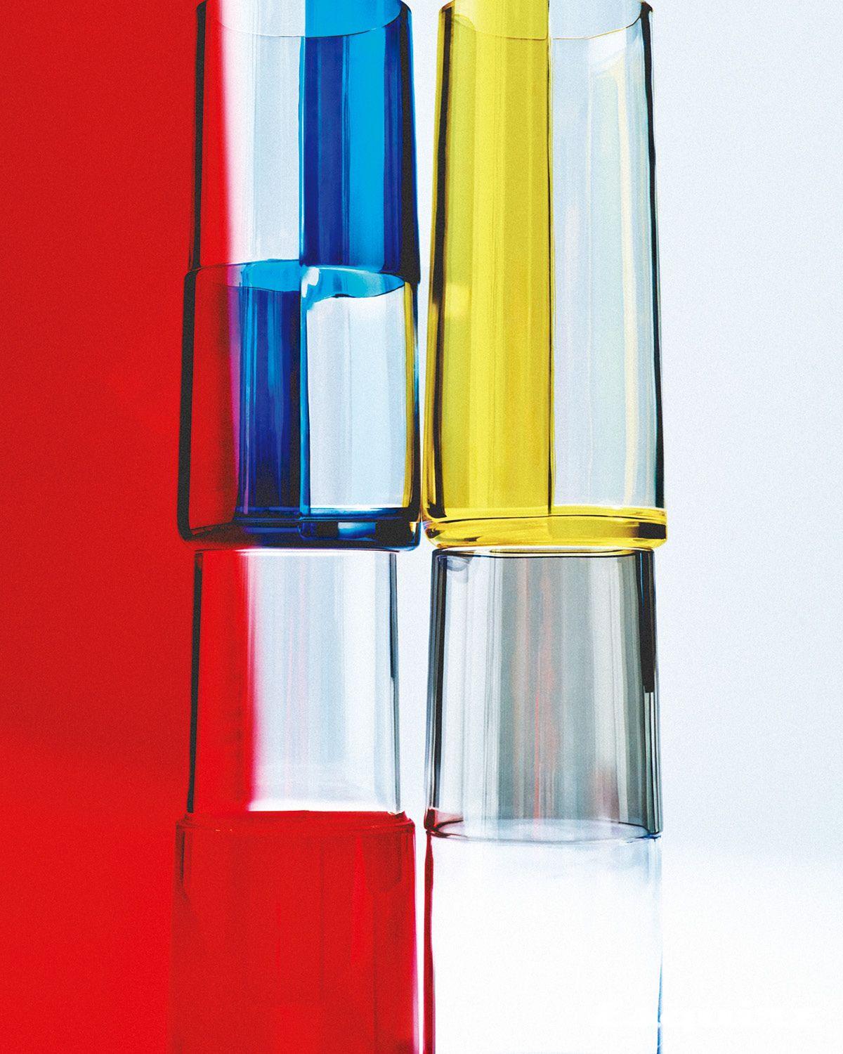 무라노 글라스로 완성한 블루, 옐로, 그레이, 레드 카자크 더블 에르메스 글라스 컵 모두 가격 미정 에르메스.