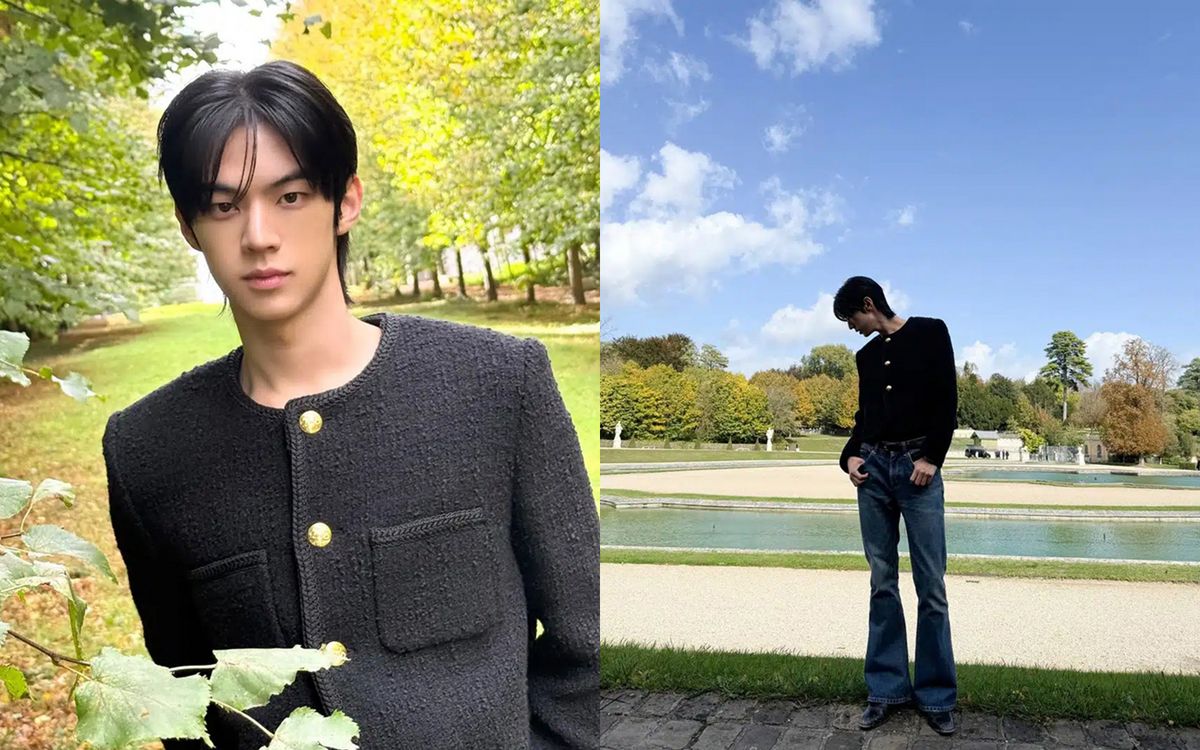 투어스의 도훈은 짧은 기장의 트위드 자켓에 부츠컷 팬츠를 매치해 정석적인 트위드 코디를 선보였다. / 이미지 출처: 인스타그램 @tws_pledis