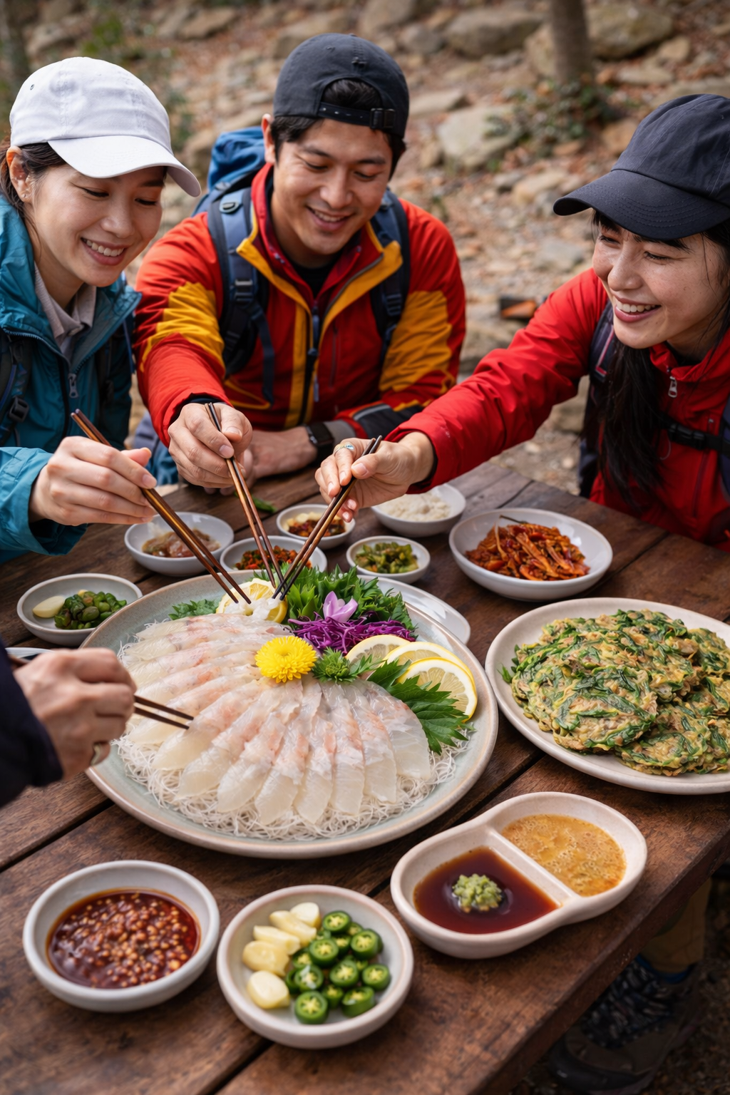 등산 후에 먹는 제철 음식, 신선한 도다리와 미나리 전 / 이미지 출처: 챗지피티 생성 이미지