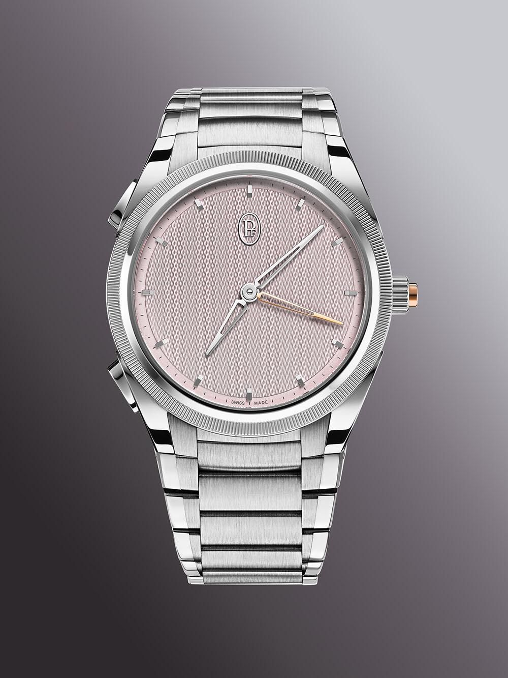 평소에는 두 바늘이 포개져 투 핸즈처럼 보이다가, 푸셔를 누르면 숨겨진 로즈 골드 바늘이 드러나 카운트다운을 시작하는 아틱 로즈 다이얼 / 이미지 출처: 파르미지아니