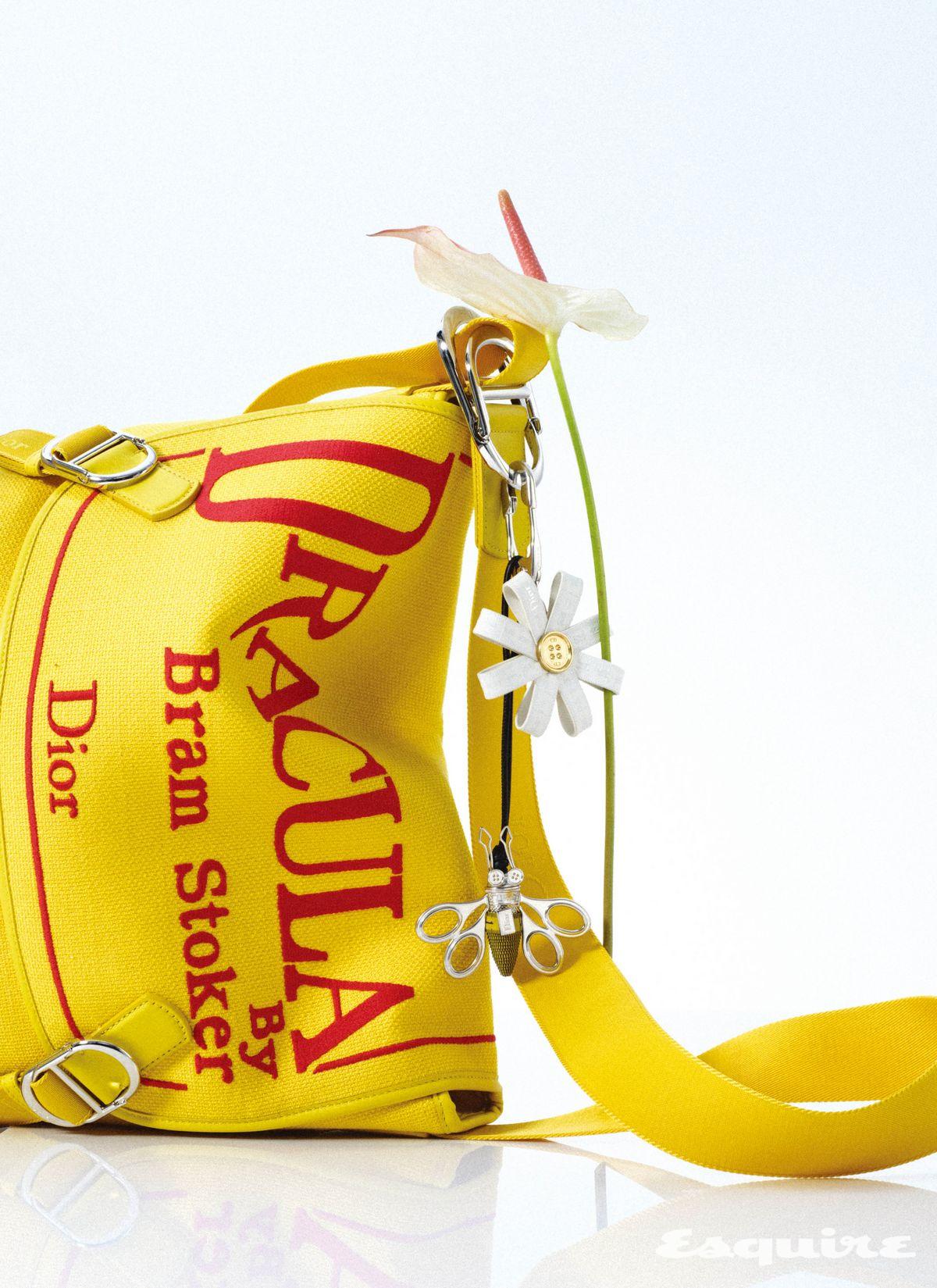 브램 스토커의 <드라큘라> 초판 커버를 모티브로 한 디올 제트 미디엄 맨 메신저백, 데이지 맨 키링, 실버 피니시 브라스 꿀벌 맨 백 참 모두 가격 미정 디올. 