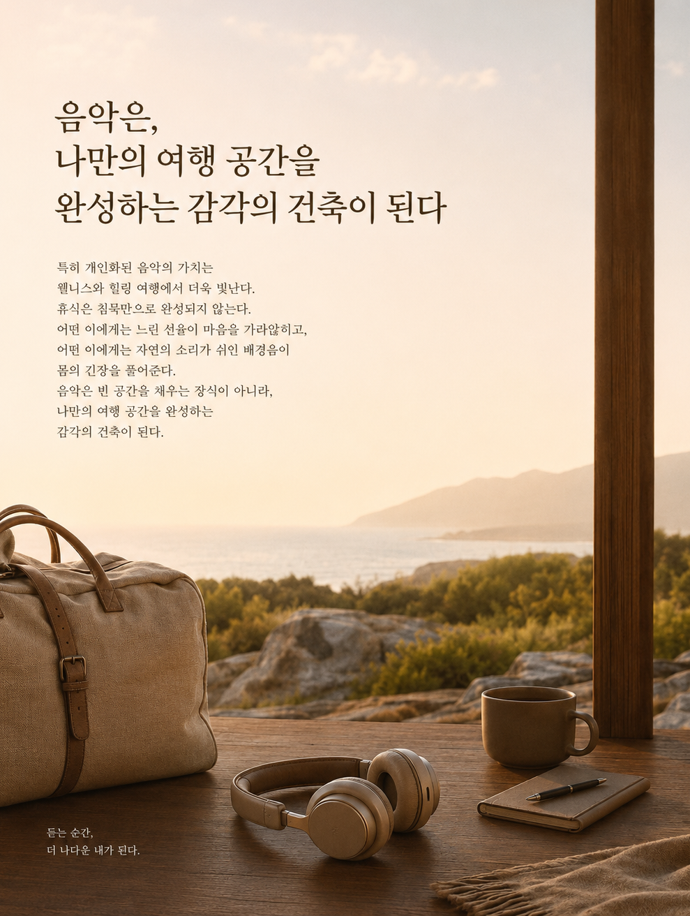 창밖의 풍경과 이어폰, 그리고 짧은 기록. 좋은 여행은 들리는 순간까지 오래 기억된다. / 이미지 출처: 챗지피티 프로 생성 이미지