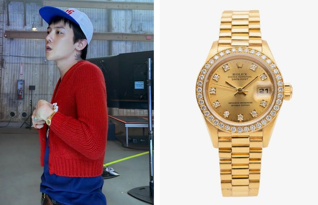 18K 옐로우 골드 케이스와 다이아몬드 베젤이 조화를 이루는 빈티지 롤렉스를 착용한 지드래곤. 이미지 출처: @8lo8lo8lowme, 크로노24