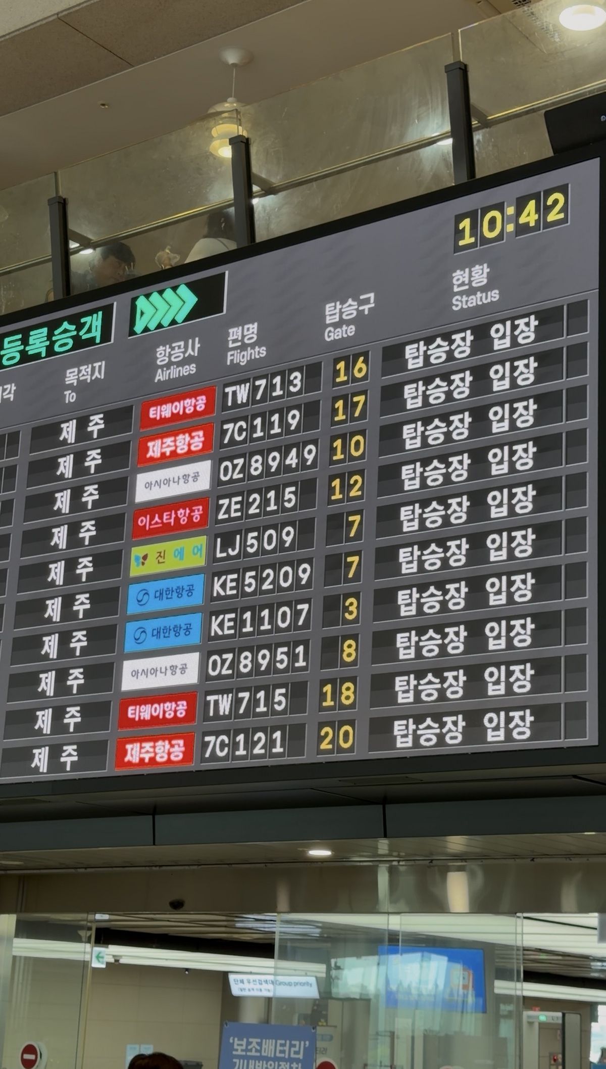 제주행을 알리는 공항 탑승 안내 전광판 / 출처 : 필자 촬영