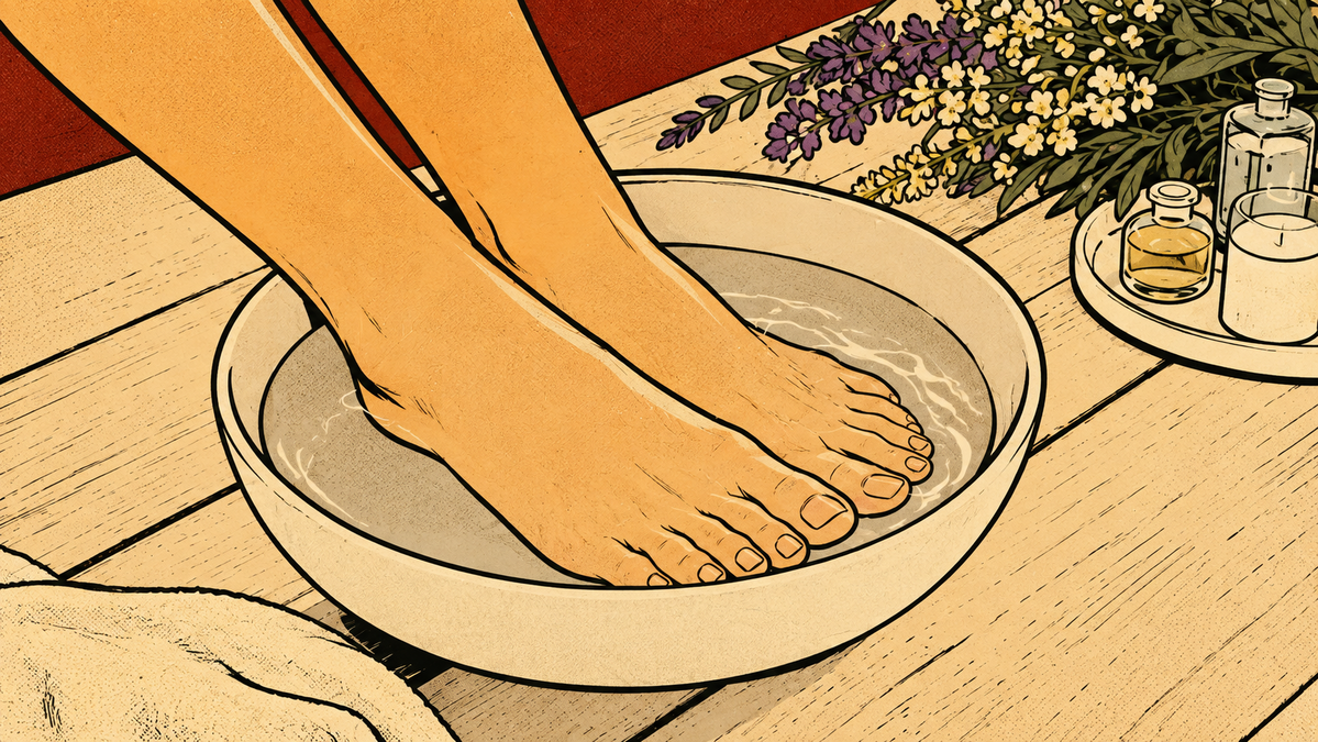 찌르는 듯한 통증과 부종을 자연스럽게 완화시켜주는 28~40도 온수 족욕. / 이미지 출처: 생성형 AI