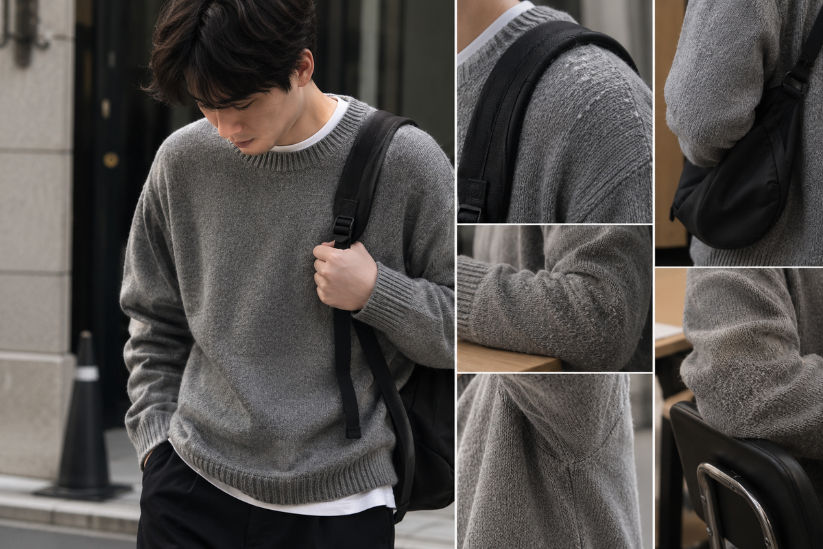 가방 끈이 닿는 어깨와 옆구리, 책상에 닿는 팔꿈치 등 보풀이 자주 생기는 부위의 반복적인 마찰 줄이기. / 이미지 출처: 생성형 AI