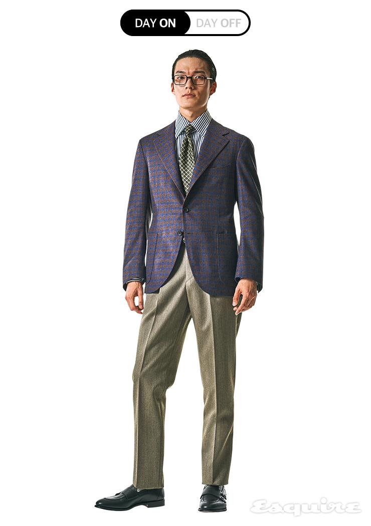 체크 패턴 재킷 1백5만원, 스트라이프 셔츠 13만원, 팬츠 42만원, 타이 12만원 모두 비앤테일러 RTW 라인. 더블 스트랩 더비 슈즈 가격 미정 처치스. 사각 프레임 안경 38만원 모스콧.