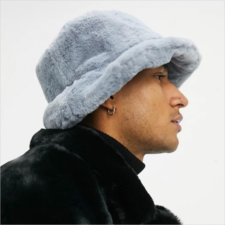 faux fur bucket hat in pale blue, $23 USD