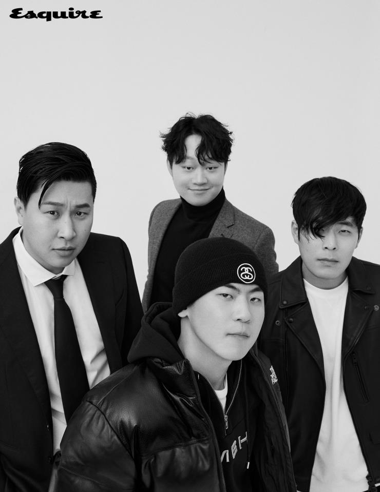 (차진석) 재킷 에디터 소장품. 셔츠 H&M. 타이 드레익스. (방재호) 체크 패턴 재킷, 팬츠 모두 H&M. 터틀넥 니트톱 에디터 소장품. (최준) 블랙 레더 재킷 올세인츠. 화이트 티셔츠 H&M. (임플란티드 키드) 블랙 레더 패딩 점퍼 노스페이스. 블랙 후디 GmbH. 화이트 티셔츠, 데님 팬츠 모두 에디터 소장품. 비니 스투시. 