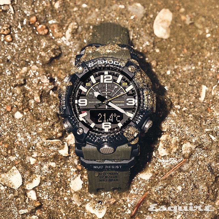 48mm 카본 파이버 케이스, 쿼츠 무브먼트, 카키 레진 스트랩, 머드마스터 GG-B100-1A3, 39만원.