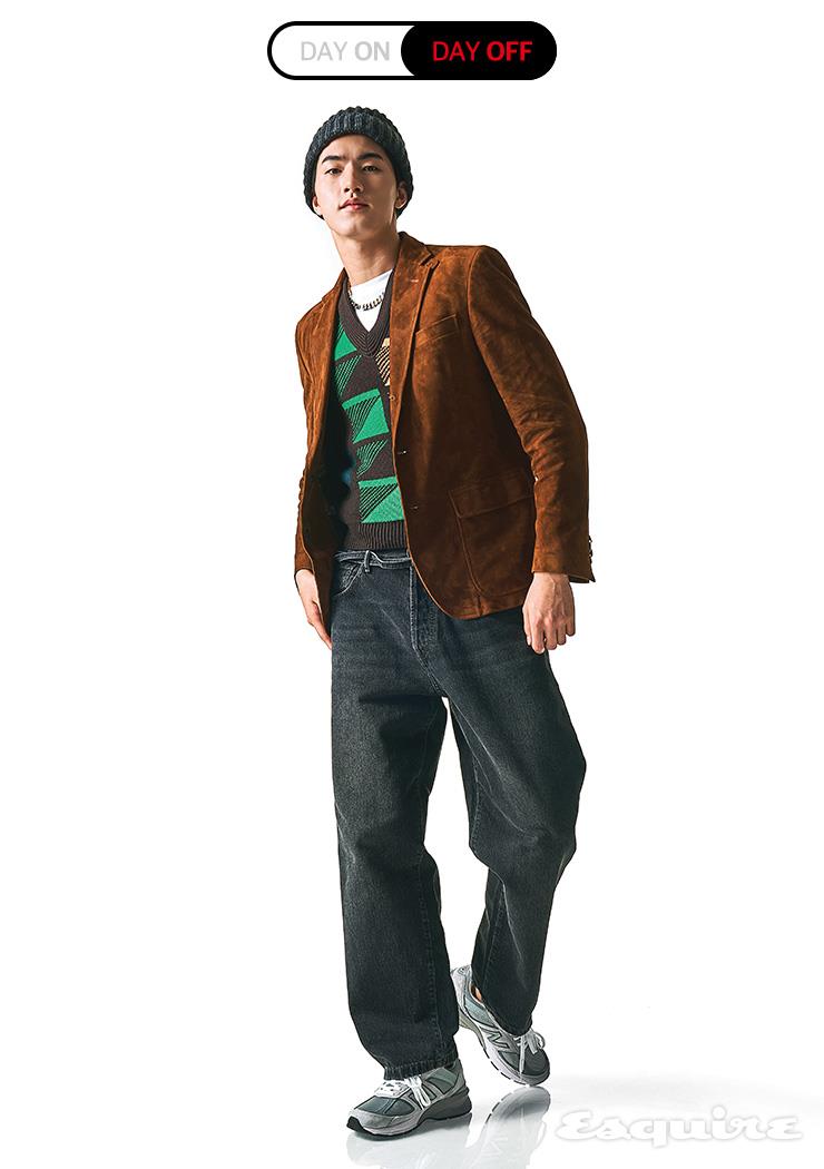 스웨이드 재킷 가격 미정 폴로 랄프 로렌. 패턴 베스트 가격 미정 프라다. 화이트 티셔츠 8만원대 리바이스. 데님 팬츠 45만원대 아크네 스튜디오. 캐시미어 비니 19만원대 세테필리 캐시미어 by 샌프란시스코 마켓. 체인 링크 네크리스 가격 미정 루이 비통.