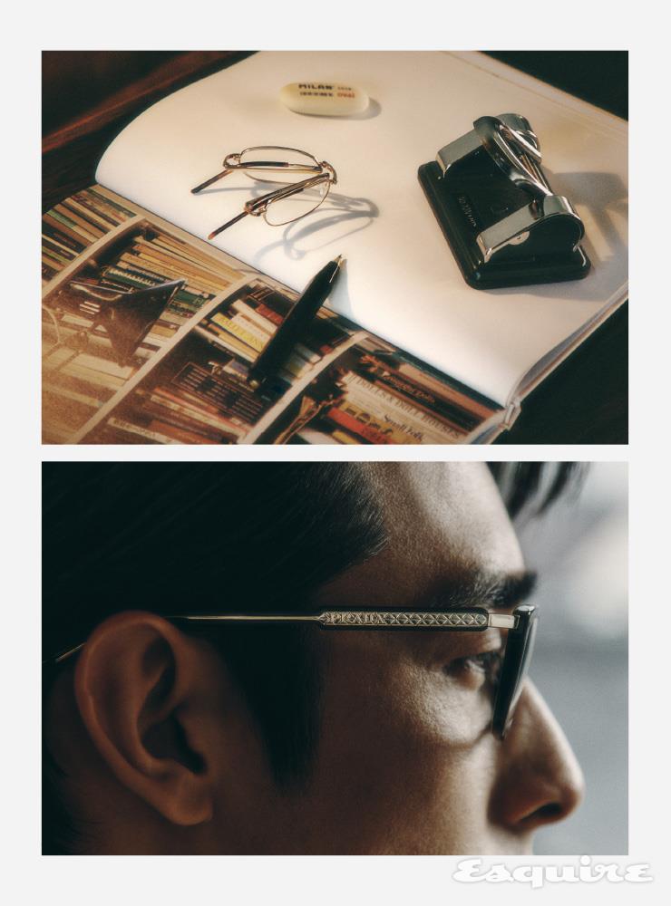 (위) 휴대가 간편한 접이식 프레임의 포켓 티탄 슛 39만원 하쿠산안경. (아래) 로고를 각인한 금속 템플 디테일의 안경 35만7000원 프라다 by 에실로 룩소티카.