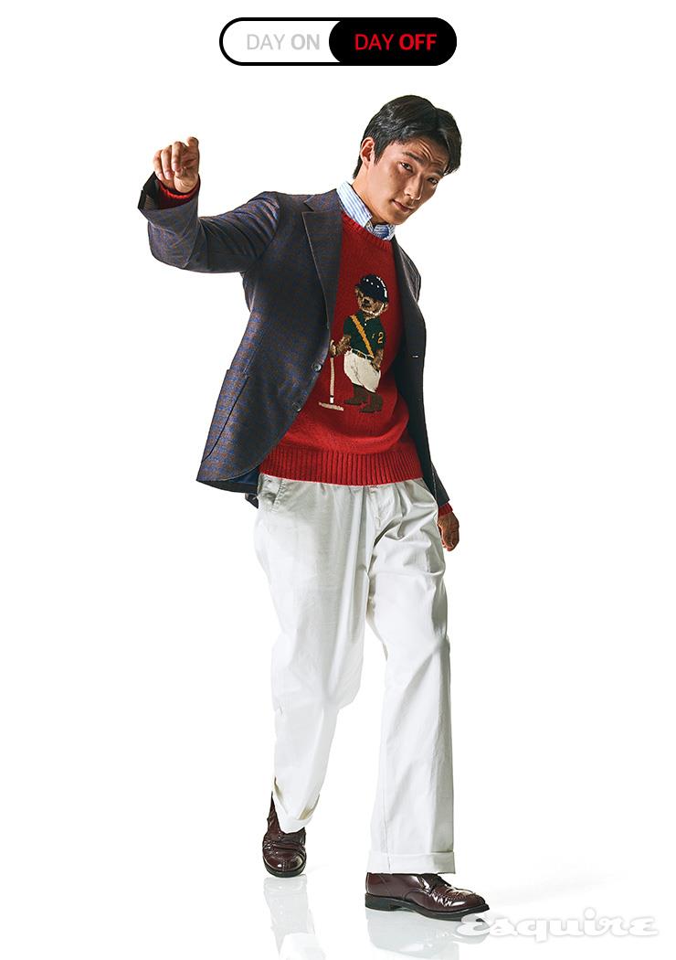 체크 패턴 재킷 1백5만원 비앤테일러 RTW 라인. 베어 프린팅 니트 50만원대, 스트라이프 셔츠 가격 미정 모두 폴로 랄프 로렌. 화이트 팬츠 43만원대 케네스 필드 by 샌프란시스코 마켓.